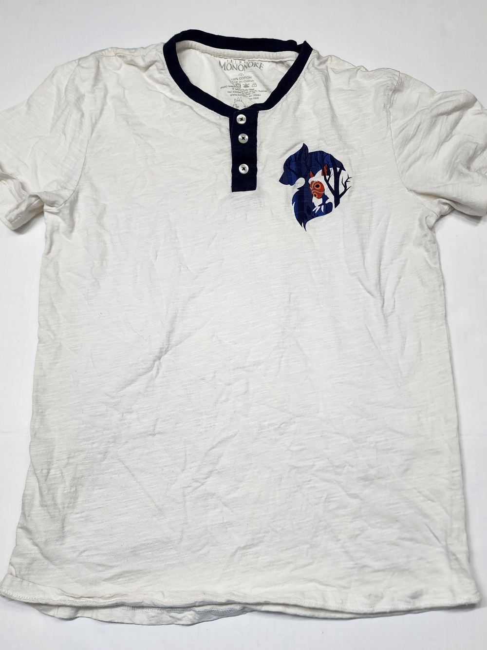 Studio Ghibli Princess Mononoke T-Shirt Henley Womens S Anime White Blue Button